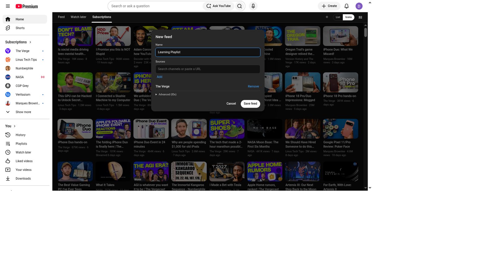 New feed sheet naming Learning Playlist and adding The Verge