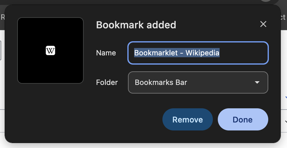The "Bookmark added" popup after pressing Cmd+D