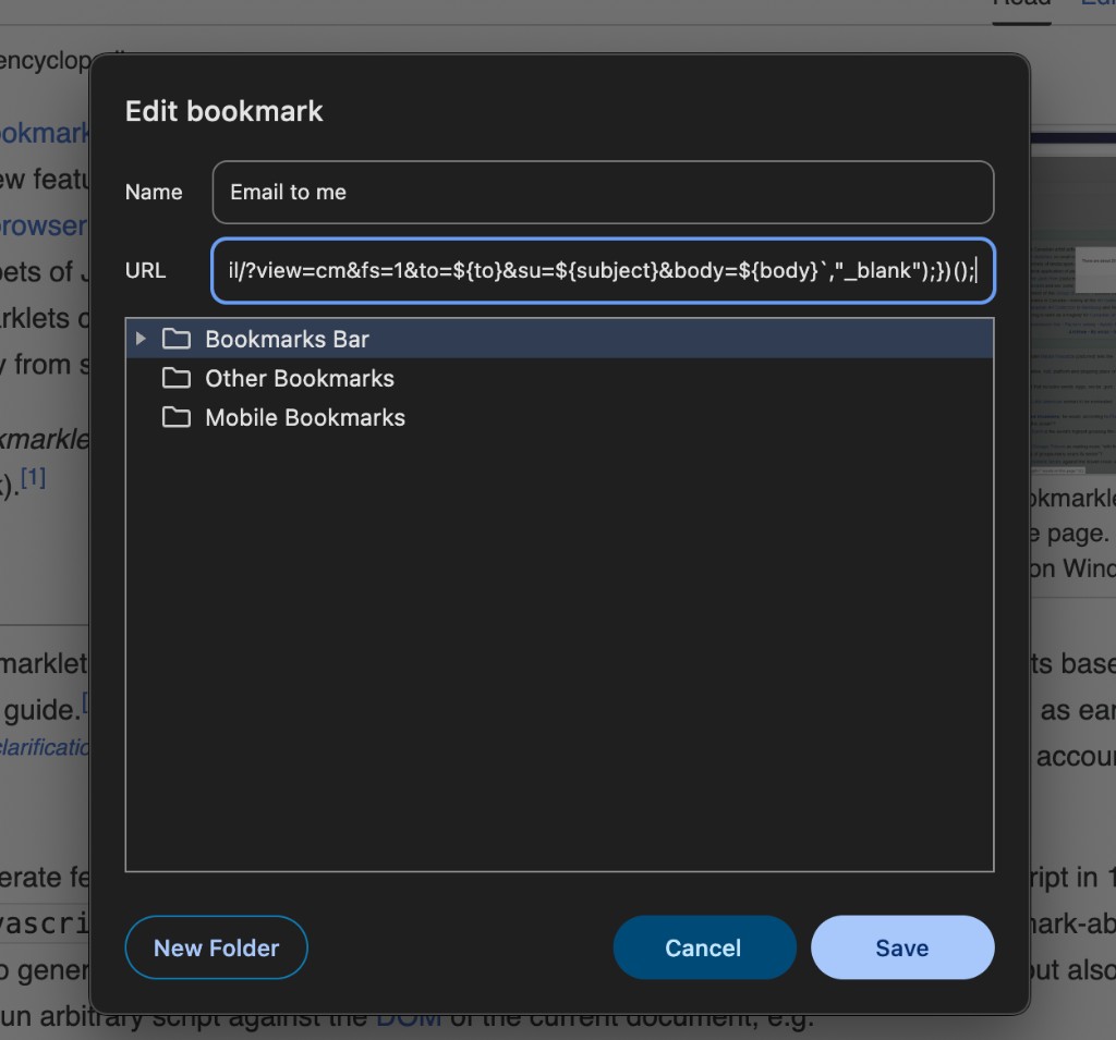 Editing the bookmark — paste the bookmarklet into the URL field