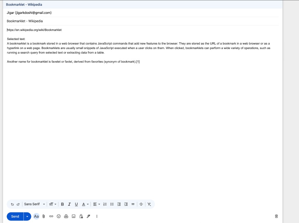 Gmail compose with selected text included in the body